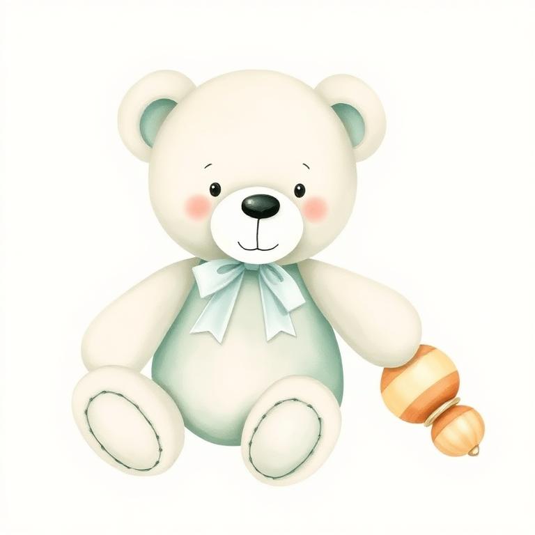 Plush teddy bear with a wooden rattle